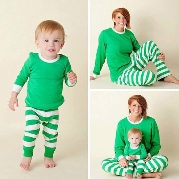 Matching Green White Striped Winter Christmas Family Pajamas PJs Men Women Kids - Picture 10 of 16